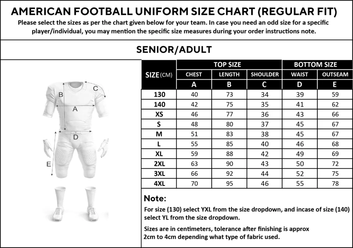 American Football uniform size chart for adults, including measurements for chest, length, shoulder, waist, and outseam in centimeters.