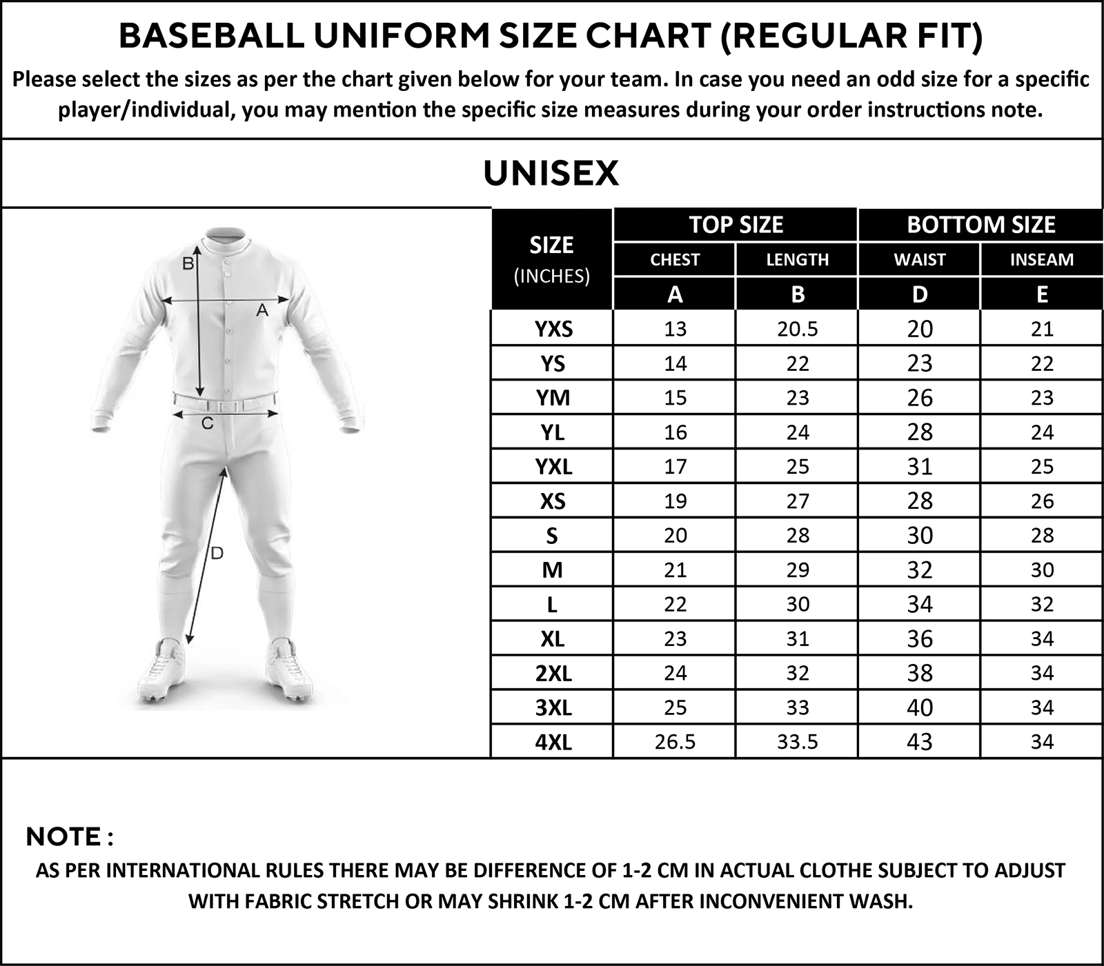 Baseball uniform size chart for unisex players with measurements for chest, length, waist, and inseam in inches.