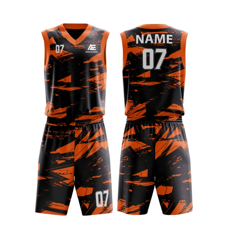 Custom basketball uniform in bright orange and black color with modern abstract design.