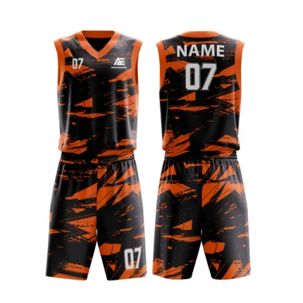 Custom basketball uniform in bright orange and black color with modern abstract design.