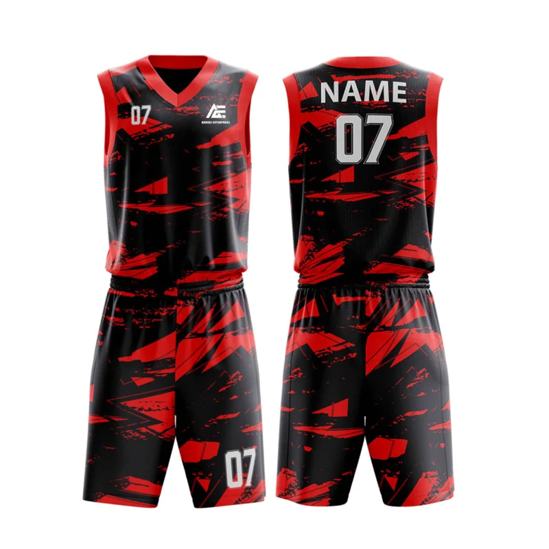 Custom basketball uniform in bold red and black color with modern abstract design.