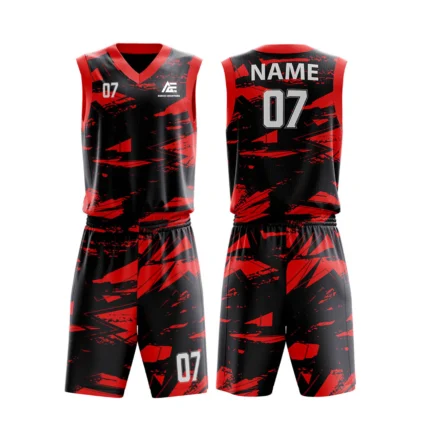 Custom basketball uniform in bold red and black color with modern abstract design.