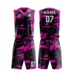 Custom basketball uniform in stylish pink and black color with modern abstract design.