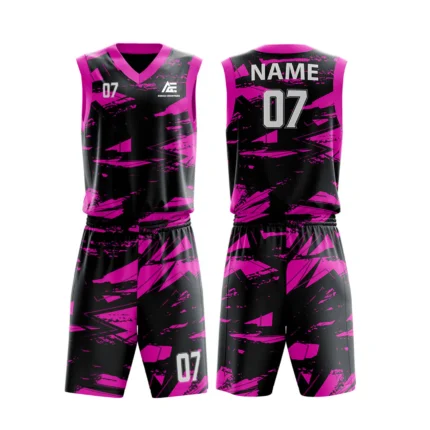 Custom basketball uniform in stylish pink and black color with modern abstract design.