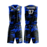 Custom basketball uniform in cool blue and black color with modern abstract design.