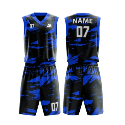 Custom basketball uniform in cool blue and black color with modern abstract design.