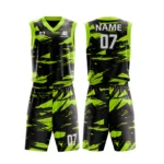 Custom basketball uniform in vibrant green and black color with modern abstract design.