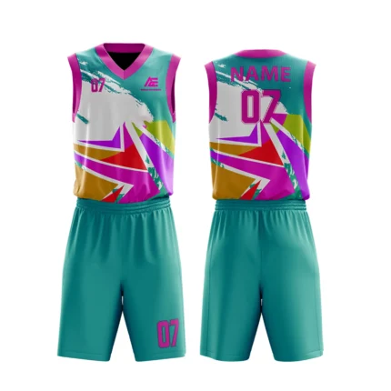 Custom basketball uniform in teal with vibrant multicolor geometric patterns, front and back views.