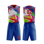 Custom basketball uniform in blue with vibrant multicolor geometric patterns, front and back views.