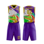 Custom basketball uniform in purple with vibrant multicolor geometric patterns, front and back views.