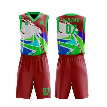 Custom basketball uniform in red with vibrant multicolor geometric patterns, front and back views.