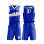 Custom basketball uniform in blue with a modern skyline design and white accents, front and back views.