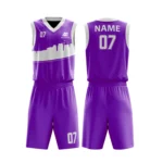 Custom basketball uniform in purple with a modern skyline design and white accents, front and back views.