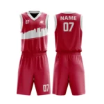 Custom basketball uniform in red with a modern skyline design and white accents, front and back views.