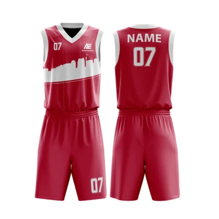 Custom basketball uniform in red with a modern skyline design and white accents, front and back views.