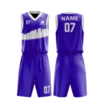 Custom basketball uniform in dark blue with a modern skyline design and white accents, front and back views.