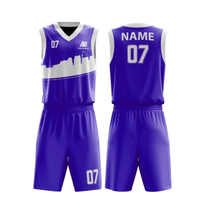 Custom basketball uniform in dark blue with a modern skyline design and white accents, front and back views.