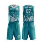 Custom basketball uniform in teal color with a unique artistic splash design.