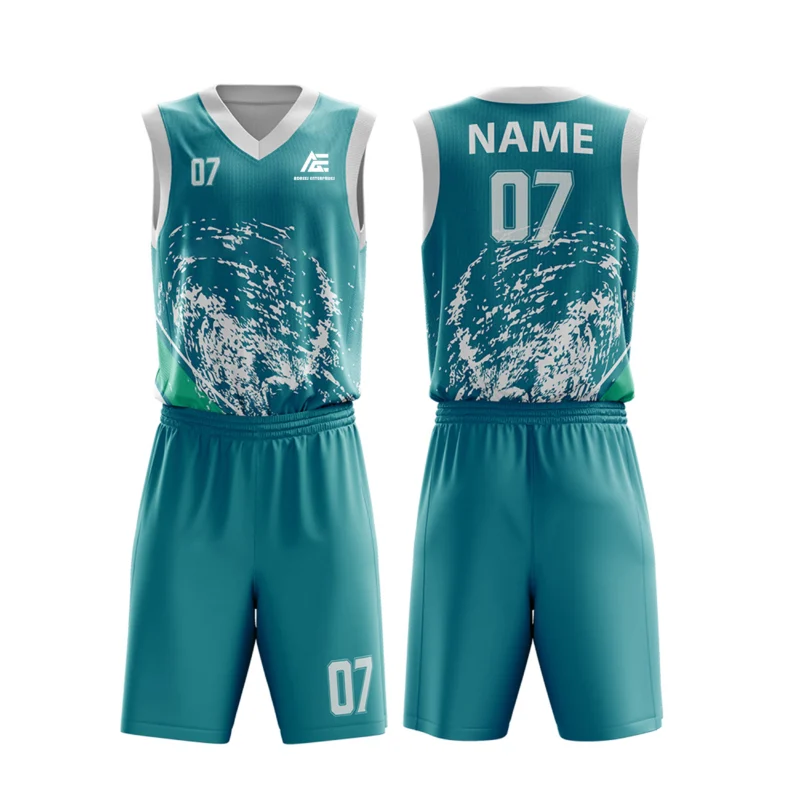 Custom basketball uniform in teal color with a unique artistic splash design.