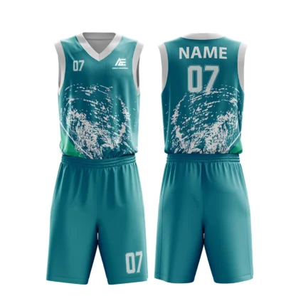 Custom basketball uniform in teal color with a unique artistic splash design.