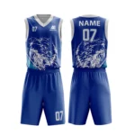 Custom basketball uniform in royal blue color with a unique artistic splash design.