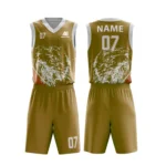 Custom basketball uniform in golden brown color with a unique artistic splash design.
