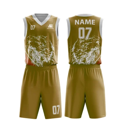 Custom basketball uniform in golden brown color with a unique artistic splash design.