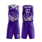 Custom basketball uniform in purple color with a unique artistic splash design.
