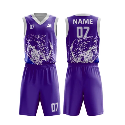 Custom basketball uniform in purple color with a unique artistic splash design.