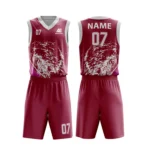 Custom basketball uniform in maroon color with a unique artistic splash design.