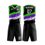Custom basketball uniform in black with green and purple accents, featuring a bold zigzag design.