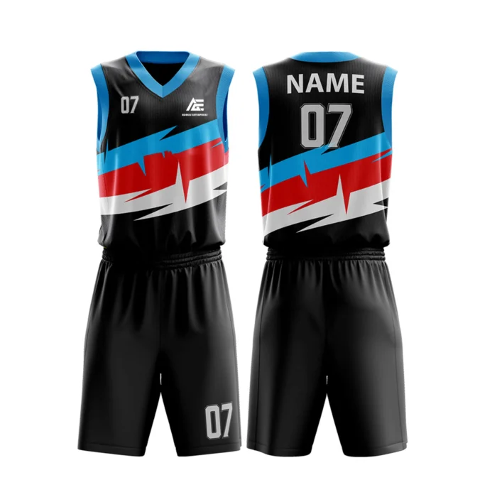 Custom basketball uniform in black with red and blue accents, featuring a bold zigzag design.