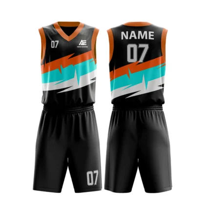 Custom basketball uniform in black with orange and teal accents, featuring a bold zigzag design.