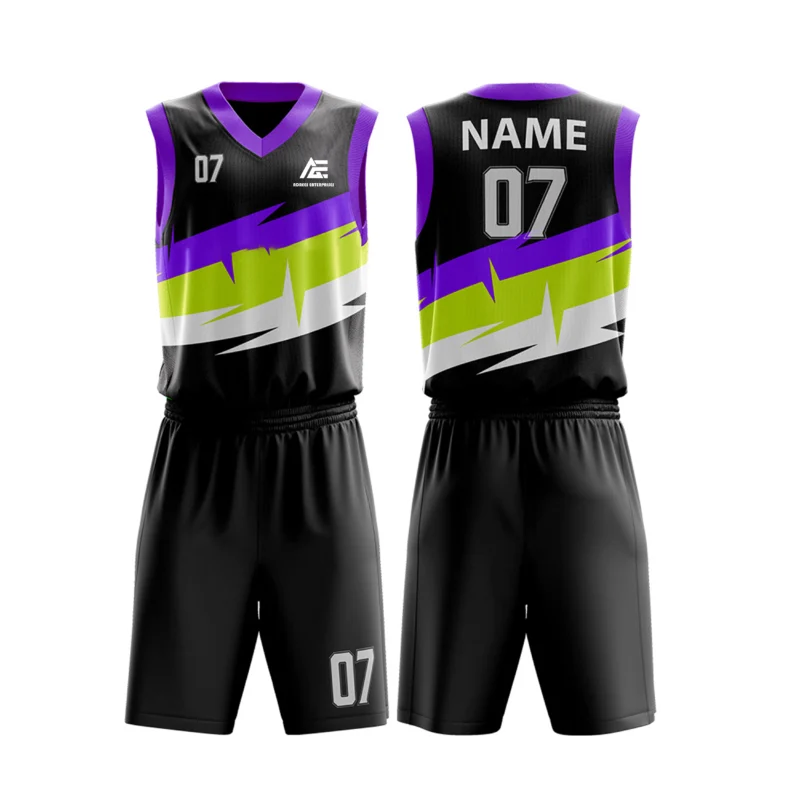 Custom basketball uniform in black with purple and lime green accents, featuring a bold zigzag design.