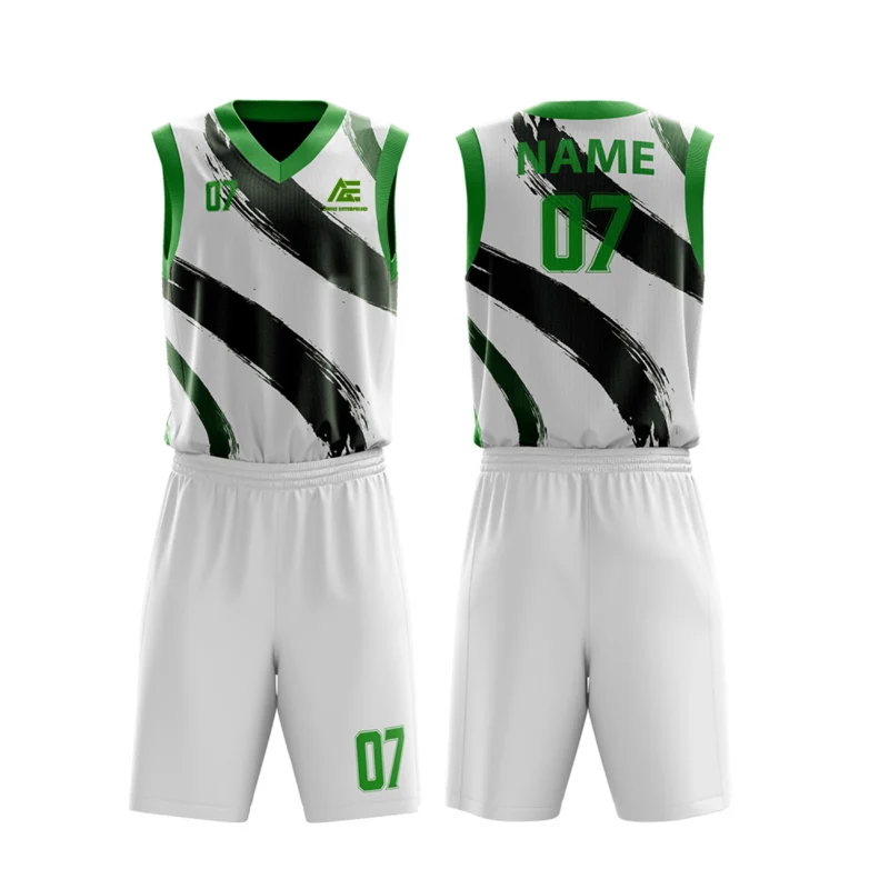Custom basketball uniform in white with green accents and bold brushstroke design.