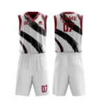 Custom basketball uniform in white with maroon accents and bold brushstroke design.