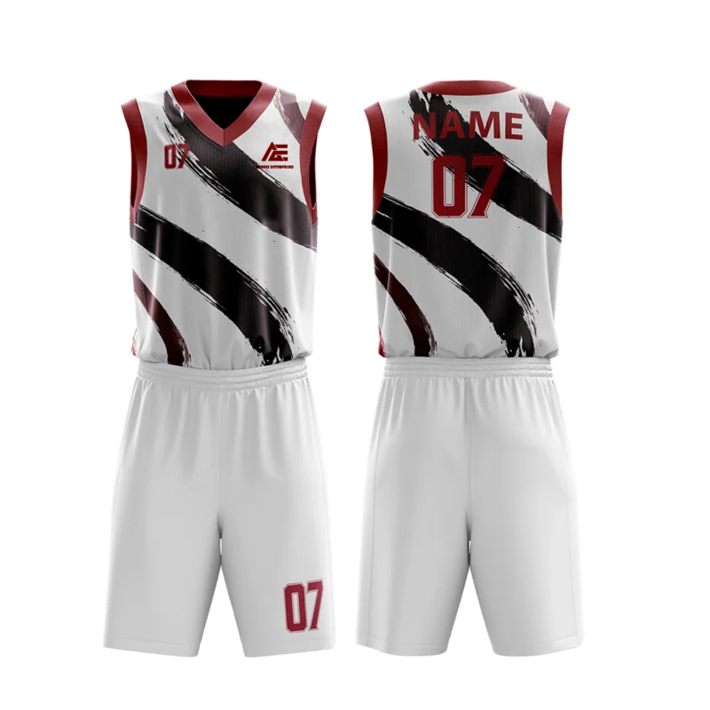 Custom basketball uniform in white with maroon accents and bold brushstroke design.