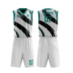 Custom basketball uniform in white with teal accents and bold brushstroke design.