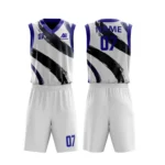 Custom basketball uniform in white with blue accents and bold brushstroke design.