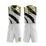 Custom basketball uniform in white with olive green accents and bold brushstroke design.