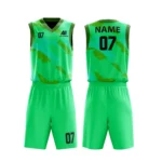 Custom basketball uniform in green with lime accents, featuring a unique camouflage design.