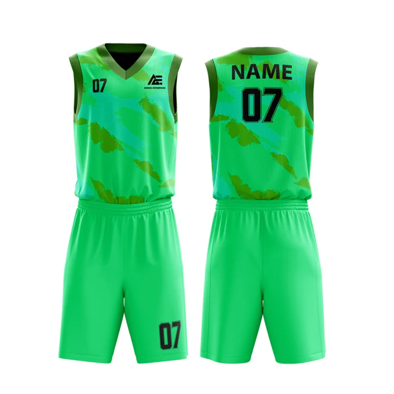 Custom basketball uniform in green with lime accents, featuring a unique camouflage design.
