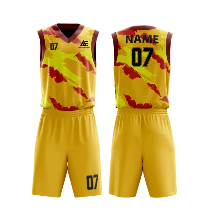 Custom basketball uniform in yellow with red accents, featuring a unique camouflage design.