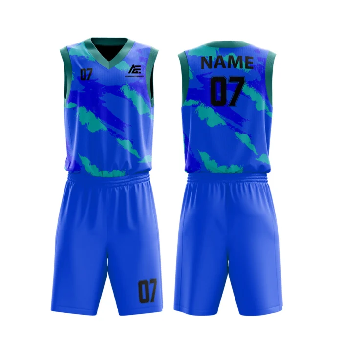 Custom basketball uniform in blue with teal accents, featuring a unique camouflage design.
