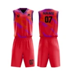 Custom basketball uniform in red with purple accents, featuring a unique camouflage design.