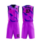 Custom basketball uniform in purple with blue accents, featuring a unique camouflage design.