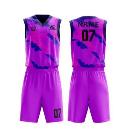 Custom basketball uniform in purple with blue accents, featuring a unique camouflage design.