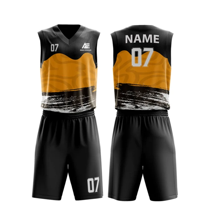 Custom basketball uniform in black with orange accents and a textured stripe design.