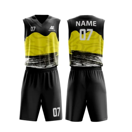 Custom basketball uniform in black with yellow accents and a textured stripe design.