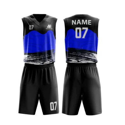 Custom basketball uniform in black with blue accents and a textured stripe design.